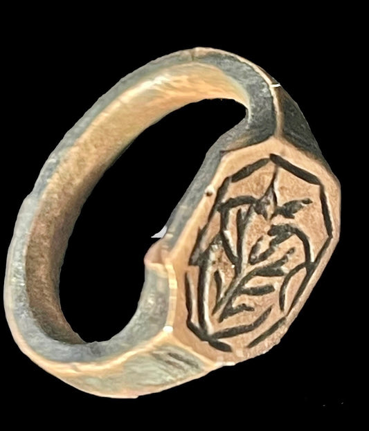 Medieval bronze ring with magical plant signet